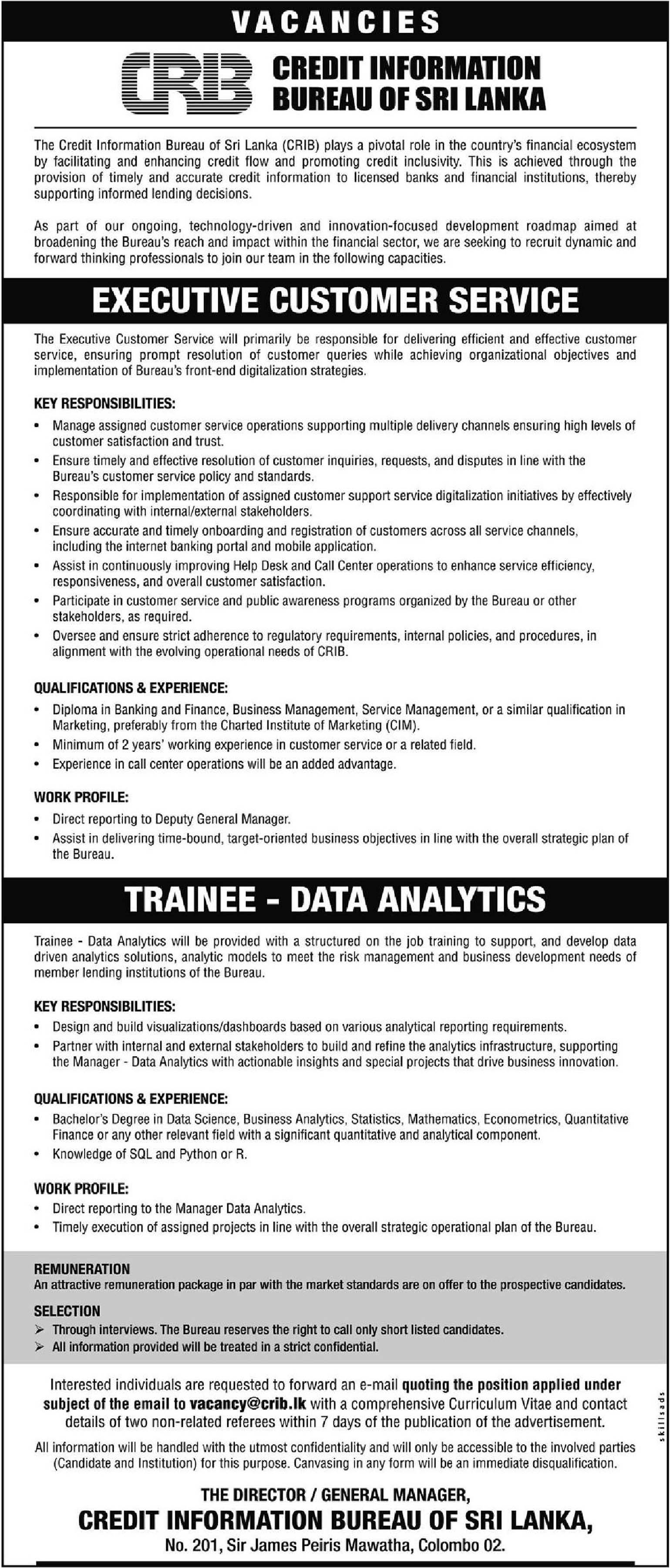 Executive (Customer Service), Trainee (Data Analytics) - Credit Information Bureau of Sri Lanka