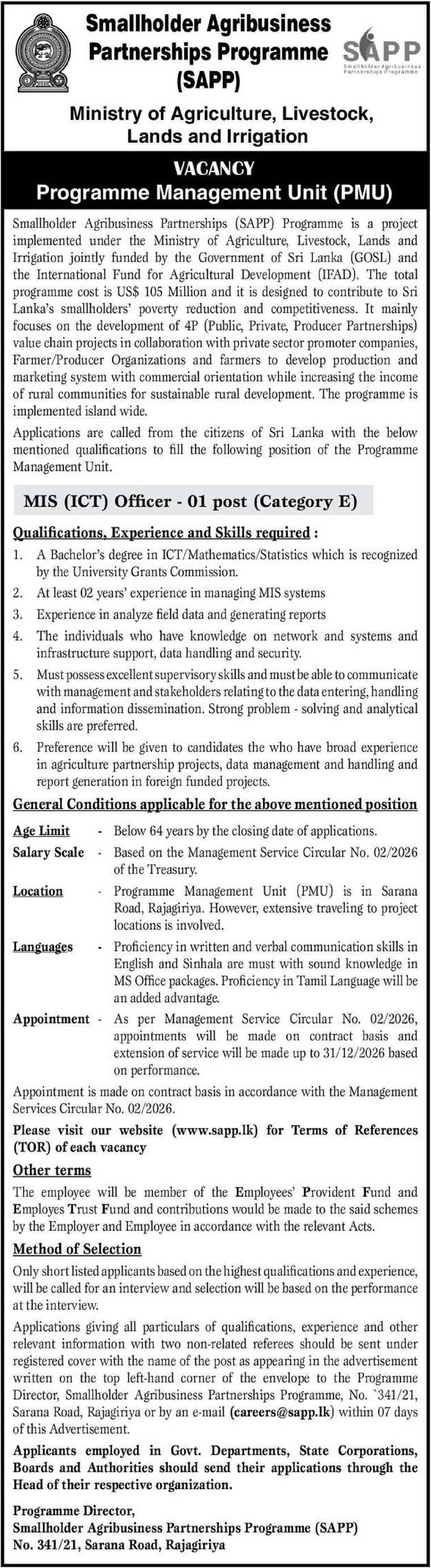 MIS (ICT) Officer - Smallholder Agribusiness Partnerships Programme - Ministry of Agriculture, Livestock, Lands & Irrigation