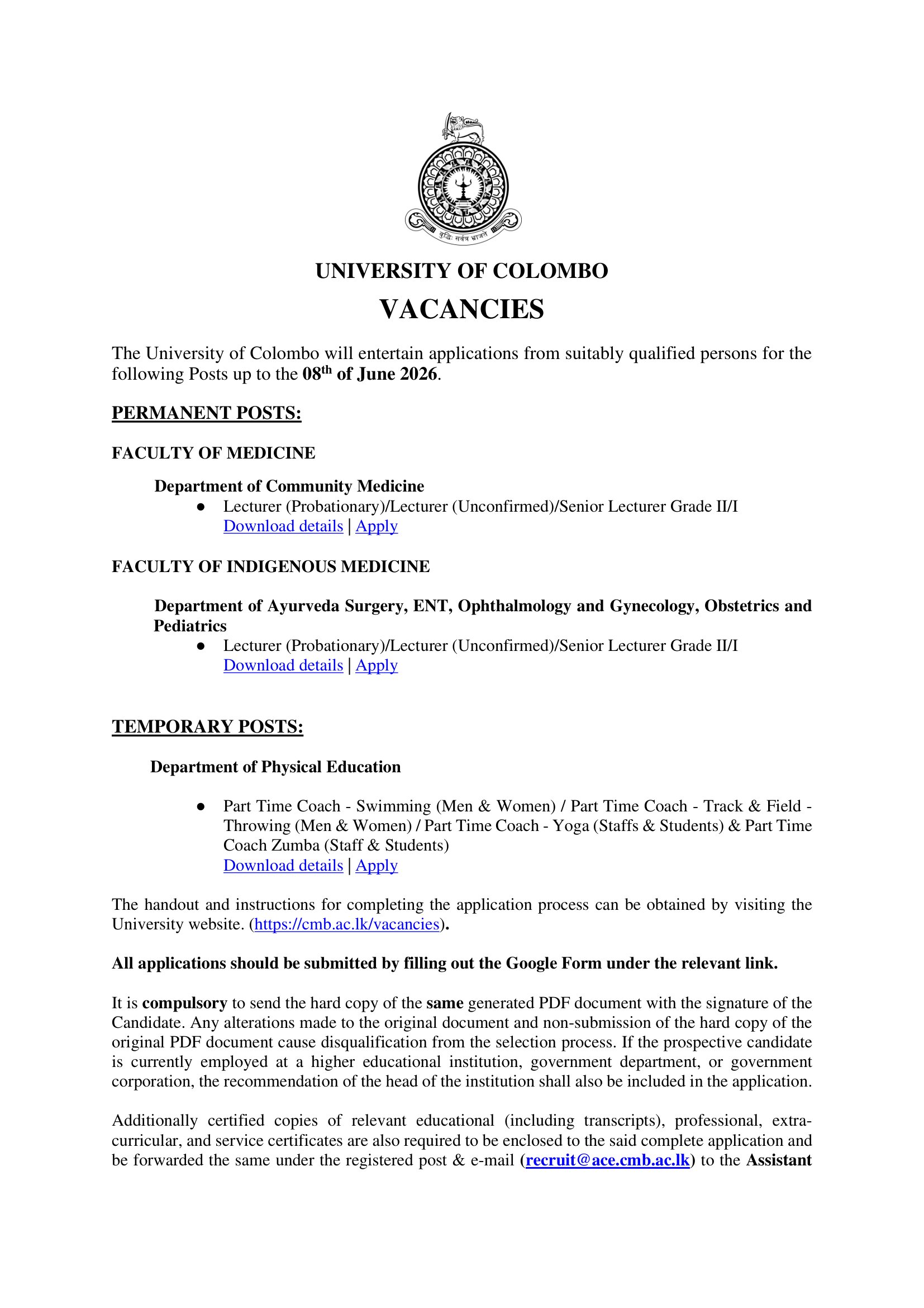 Lecturer, Senior Lecturer, Part Time Coach - University of Colombo