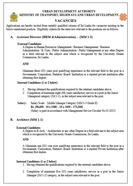 Assistant Director (HRM & Administration), Architect, Landscape Architect, Sociologist - Urban Development Authority