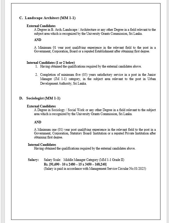 Assistant Director (HRM & Administration), Architect, Landscape Architect, Sociologist - Urban Development Authority