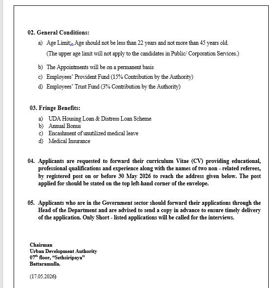 Assistant Director (HRM & Administration), Architect, Landscape Architect, Sociologist - Urban Development Authority