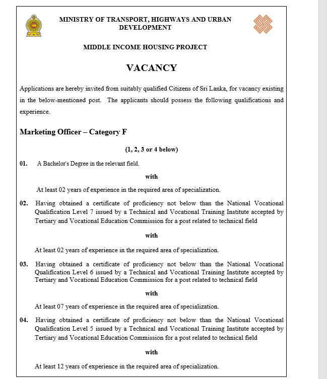 Marketing Officer - Urban Development Authority