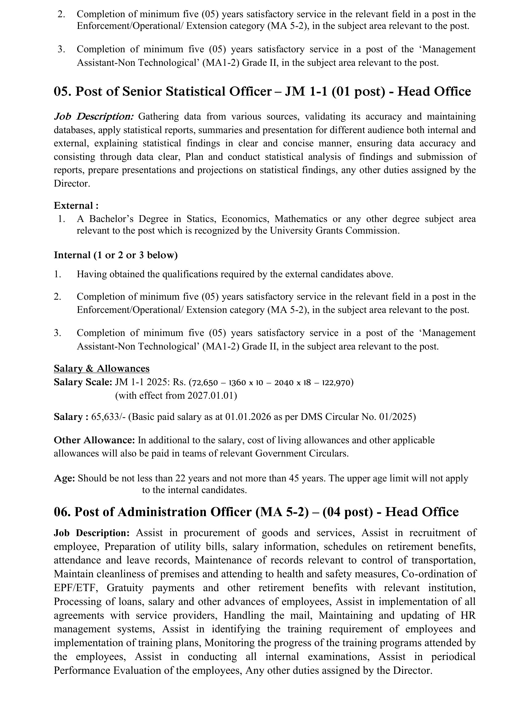 Management Assistant, Costing Officer, Administration & Human Resource Officer, Accounts Officer, Market Research Analyst, Statistical Officer, Administration Officer, Documentation Officer - Consumer Affairs Authority