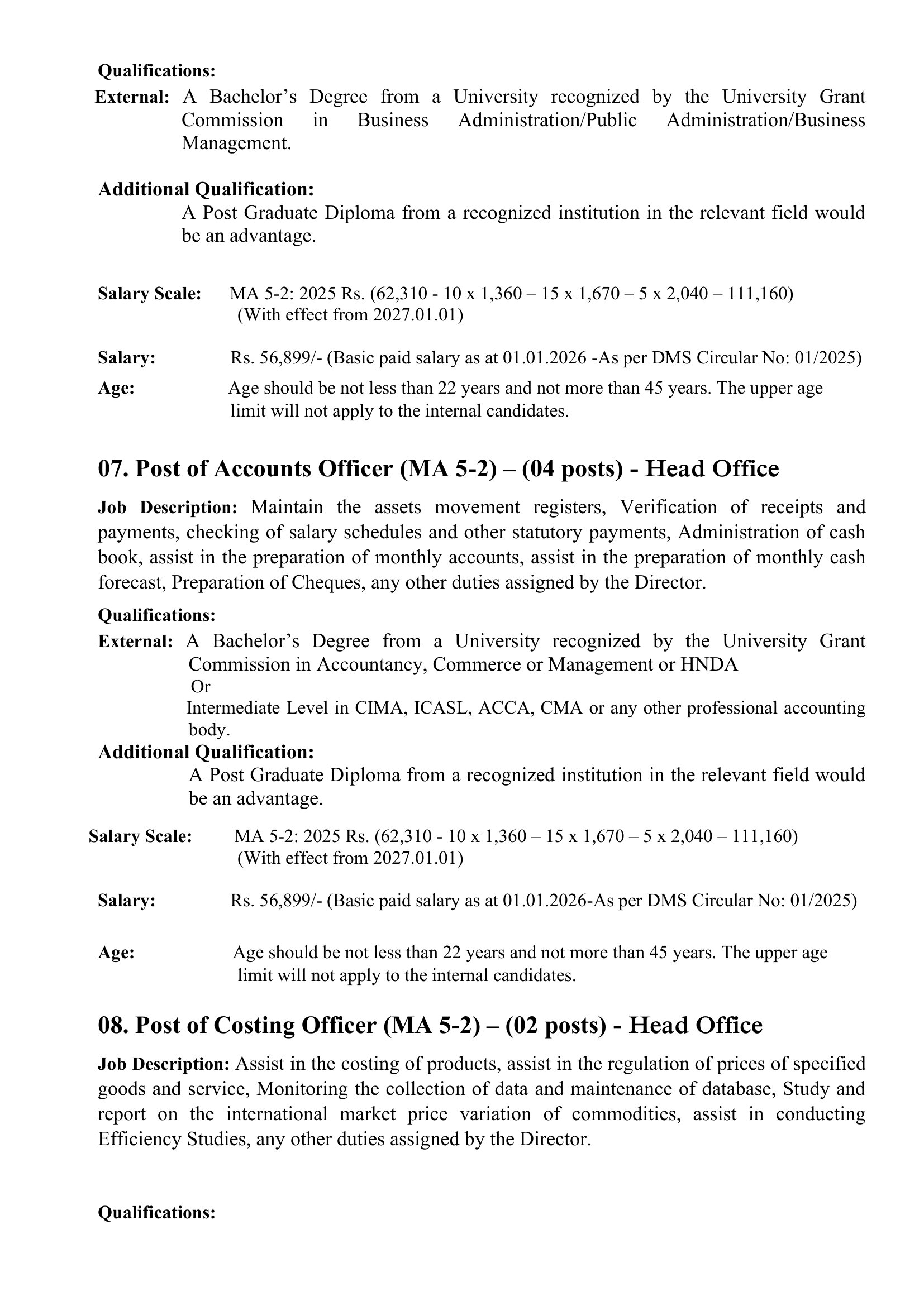 Management Assistant, Costing Officer, Administration & Human Resource Officer, Accounts Officer, Market Research Analyst, Statistical Officer, Administration Officer, Documentation Officer - Consumer Affairs Authority