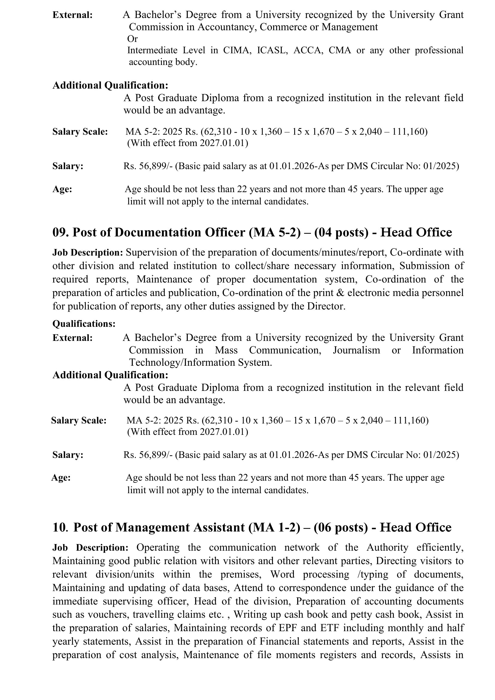 Management Assistant, Costing Officer, Administration & Human Resource Officer, Accounts Officer, Market Research Analyst, Statistical Officer, Administration Officer, Documentation Officer - Consumer Affairs Authority