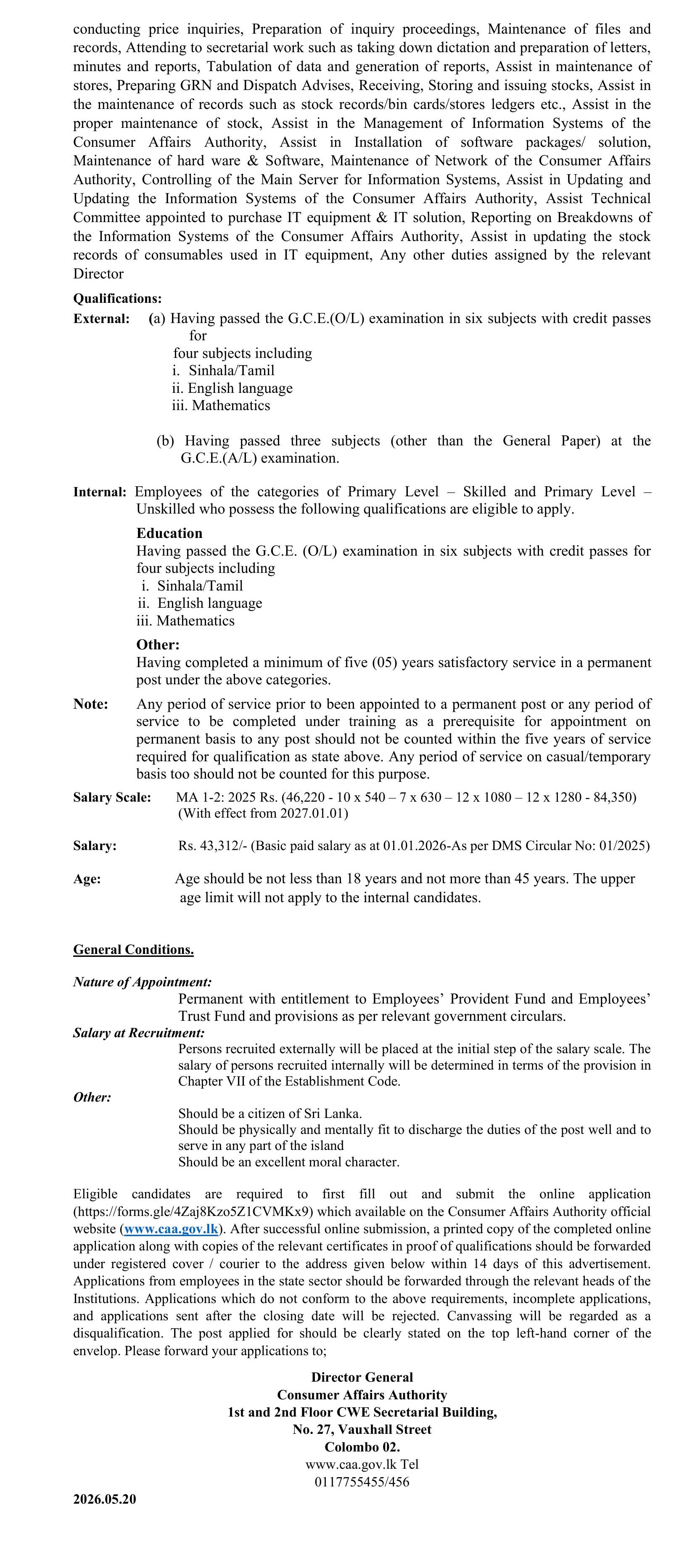 Management Assistant, Costing Officer, Administration & Human Resource Officer, Accounts Officer, Market Research Analyst, Statistical Officer, Administration Officer, Documentation Officer - Consumer Affairs Authority