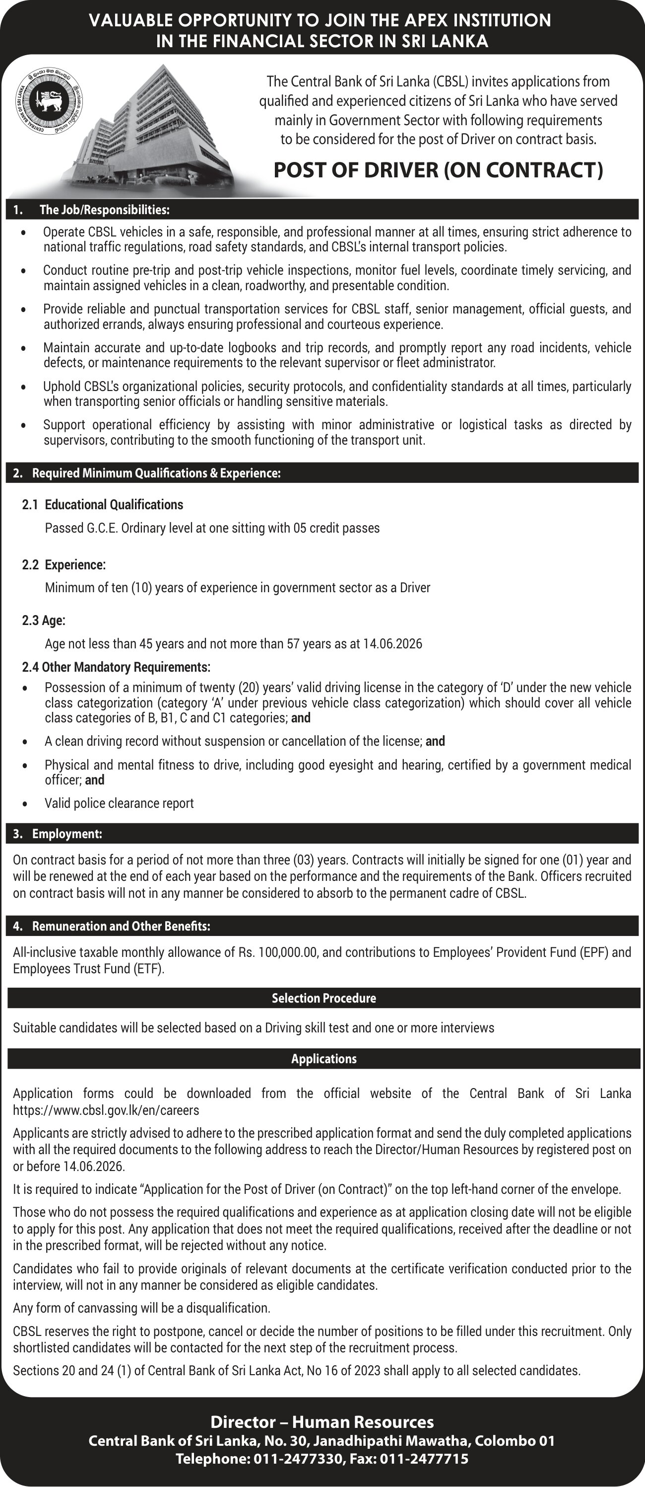 Driver - Central Bank of Sri Lanka