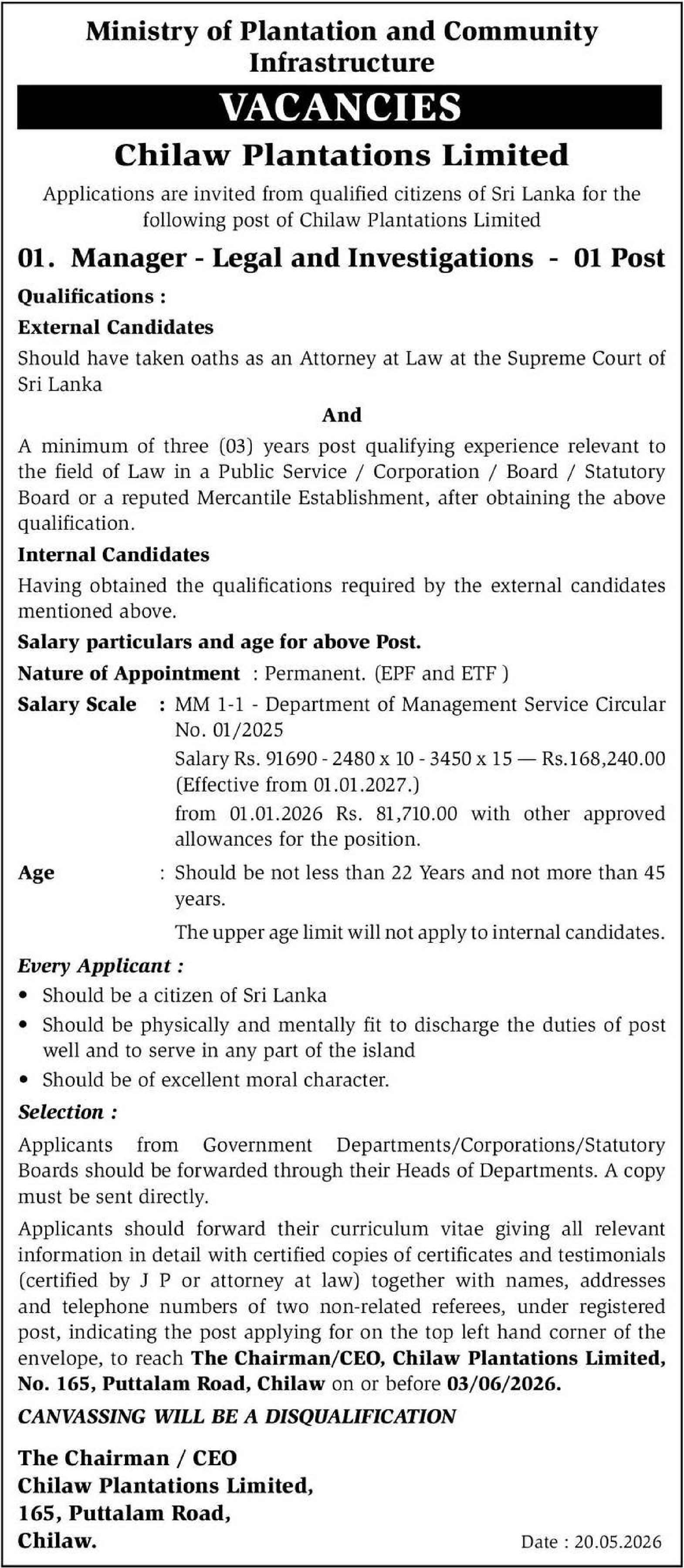 Manager (Legal & Investigations) - Chilaw Plantations Limited