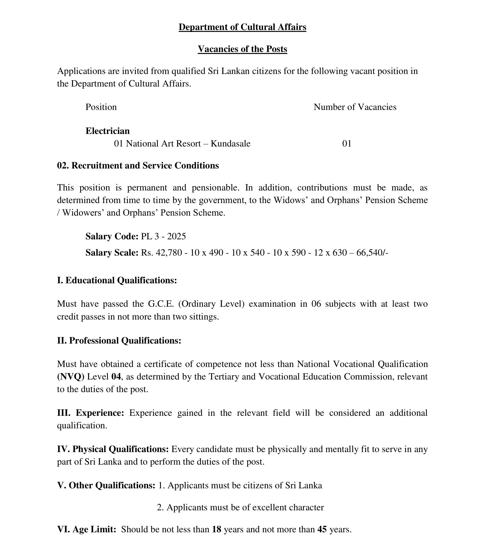 Electrician - Department of Cultural Affairs