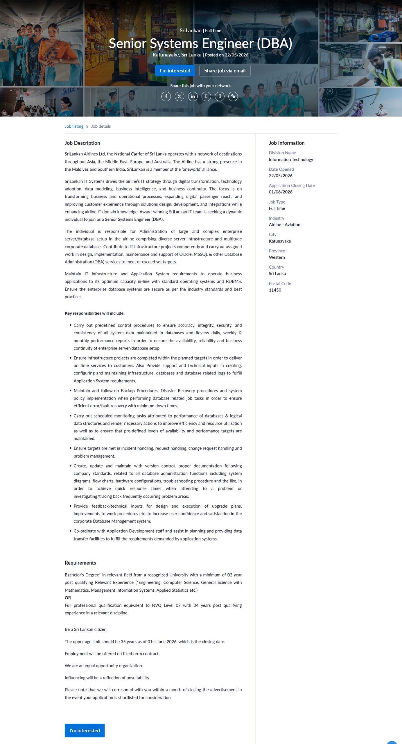 Senior Systems Engineer - SriLankan Airlines Limited