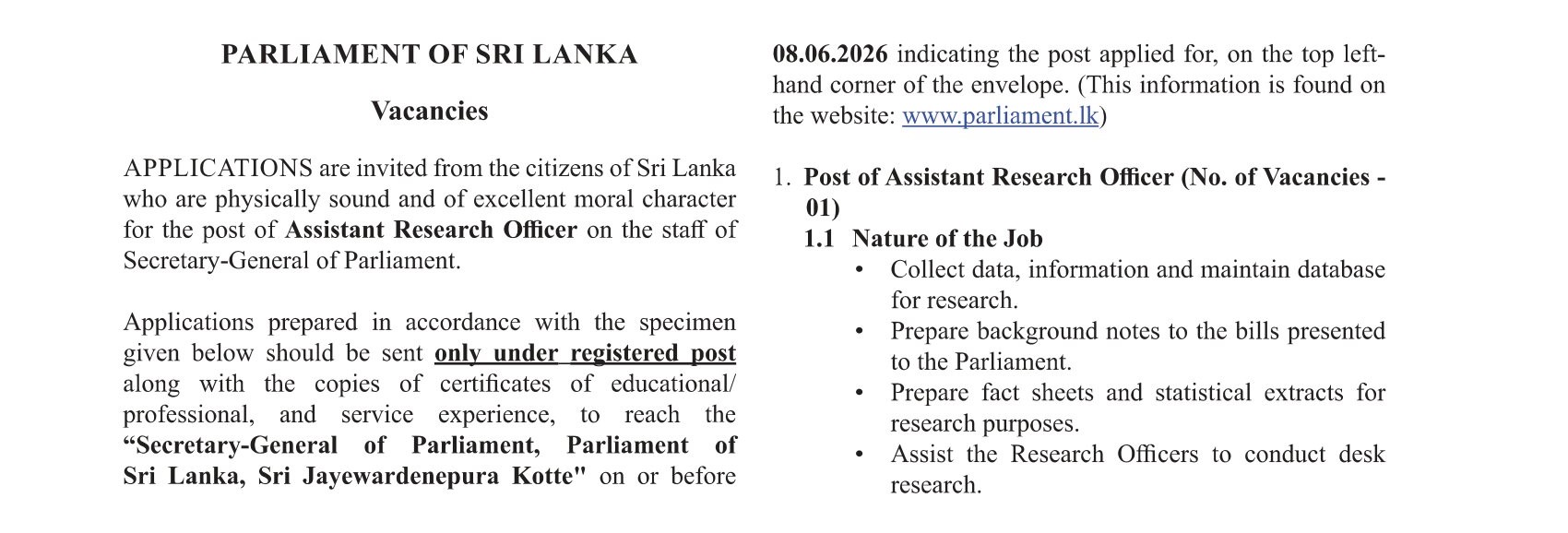 Assistant Research Officer - Parliament of Sri Lanka
