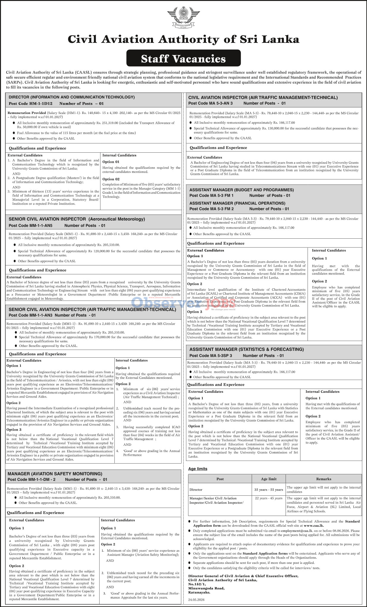 Director, Senior Civil Aviation Inspector, Manager, Civil Aviation Inspector, Assistant Manager - Civil Aviation Authority of Sri Lanka
