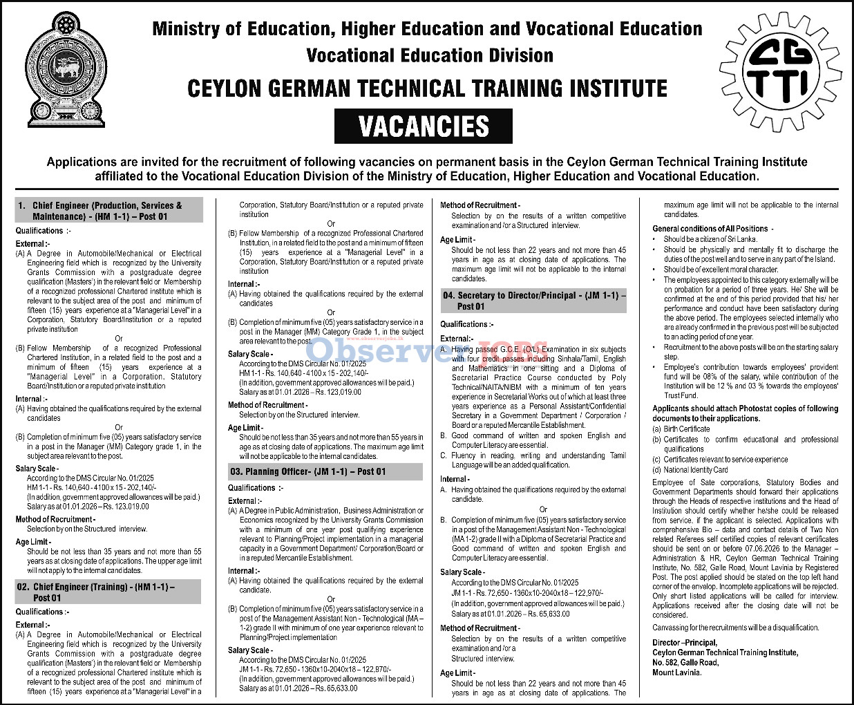Chief Engineer, Planning Officer, Secretary to Director/Principal - Ceylon German Technical Institute