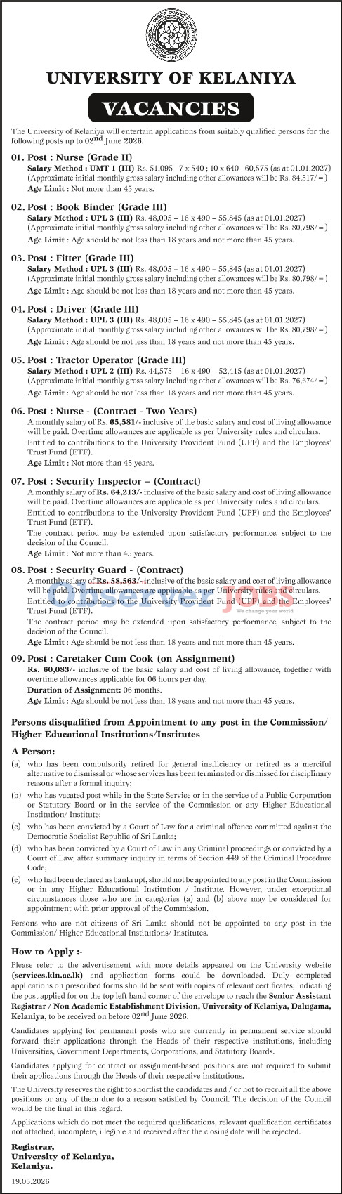 Nurse, Book Binder, Fitter, Driver, Tractor Operator, Security Inspector, Security Guard, Caretaker/Cook - University of Kelaniya
