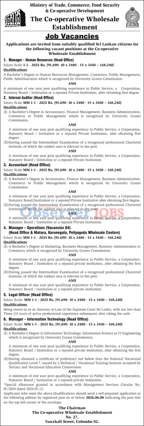 Manager (HR, Operations, IT), Internal Auditor, Accountant, Legal Officer - Cooperative Wholesale Establishment