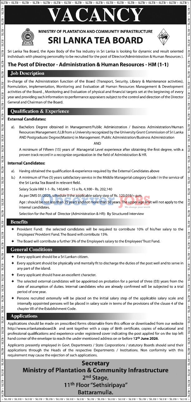 Director (Administration & Human Resources) - Sri Lanka Tea Board