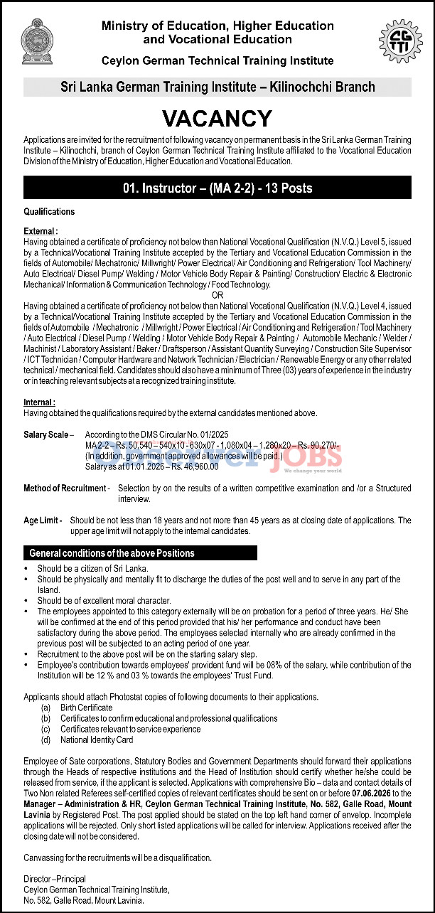 Instructor - Ceylon German Technical Training Institute