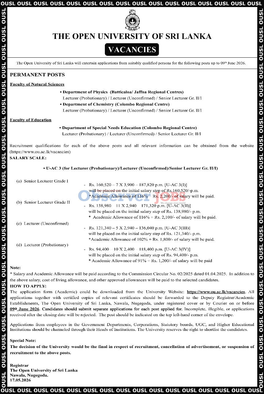 Senior Lecturer, Lecturer - The Open University of Sri Lanka