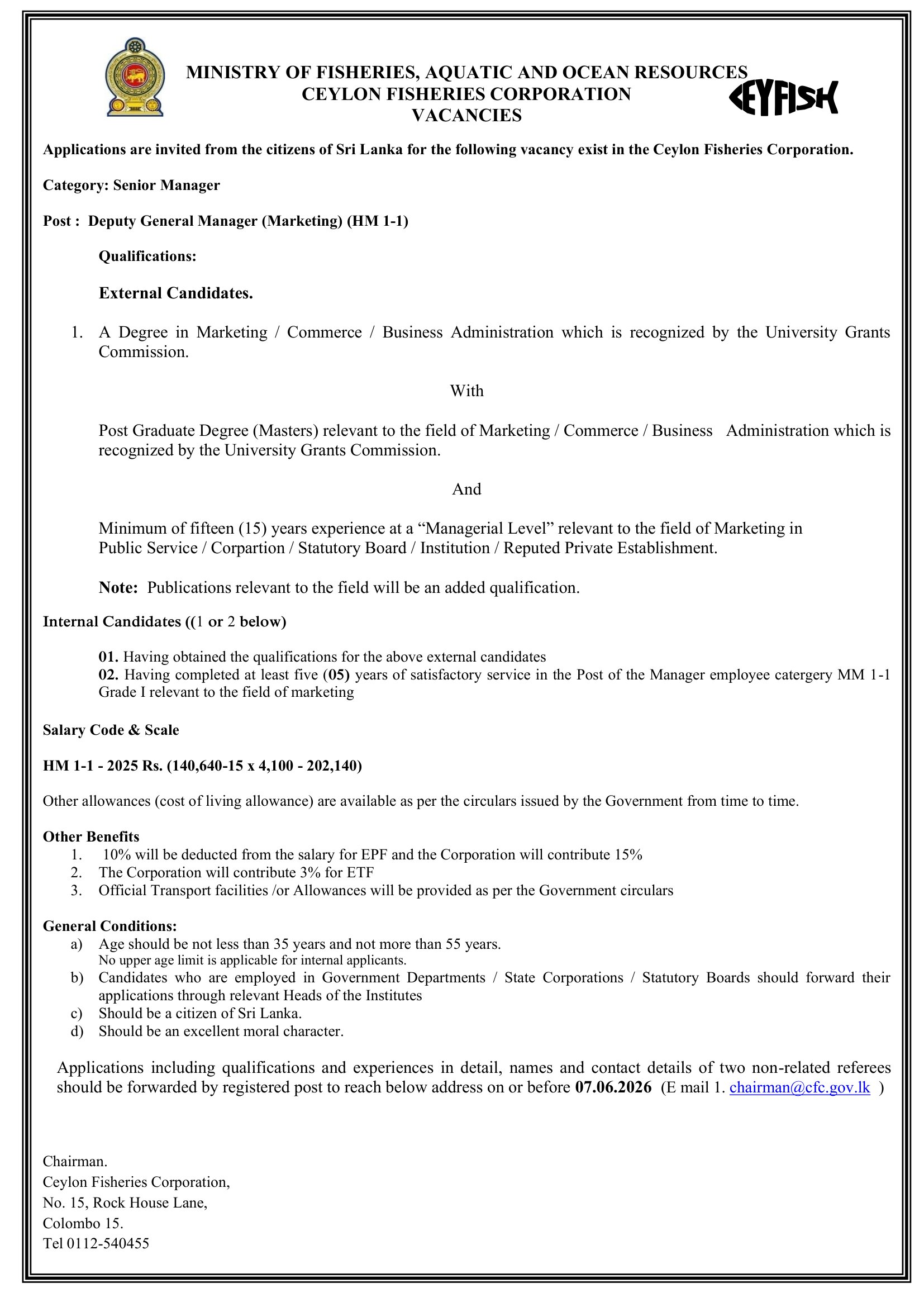 Deputy General Manager (Marketing), Manager/Senior Manager (Finance, Procurement) - Ceylon Fisheries Corporation