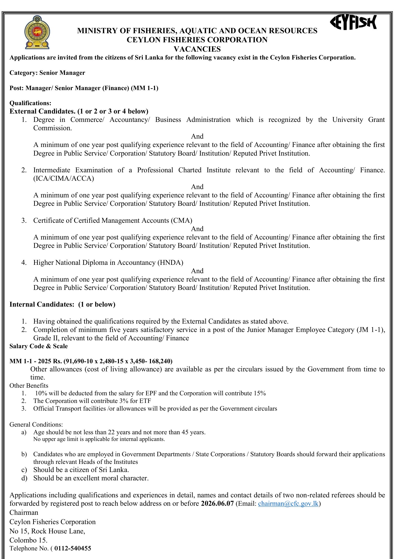 Deputy General Manager (Marketing), Manager/Senior Manager (Finance, Procurement) - Ceylon Fisheries Corporation