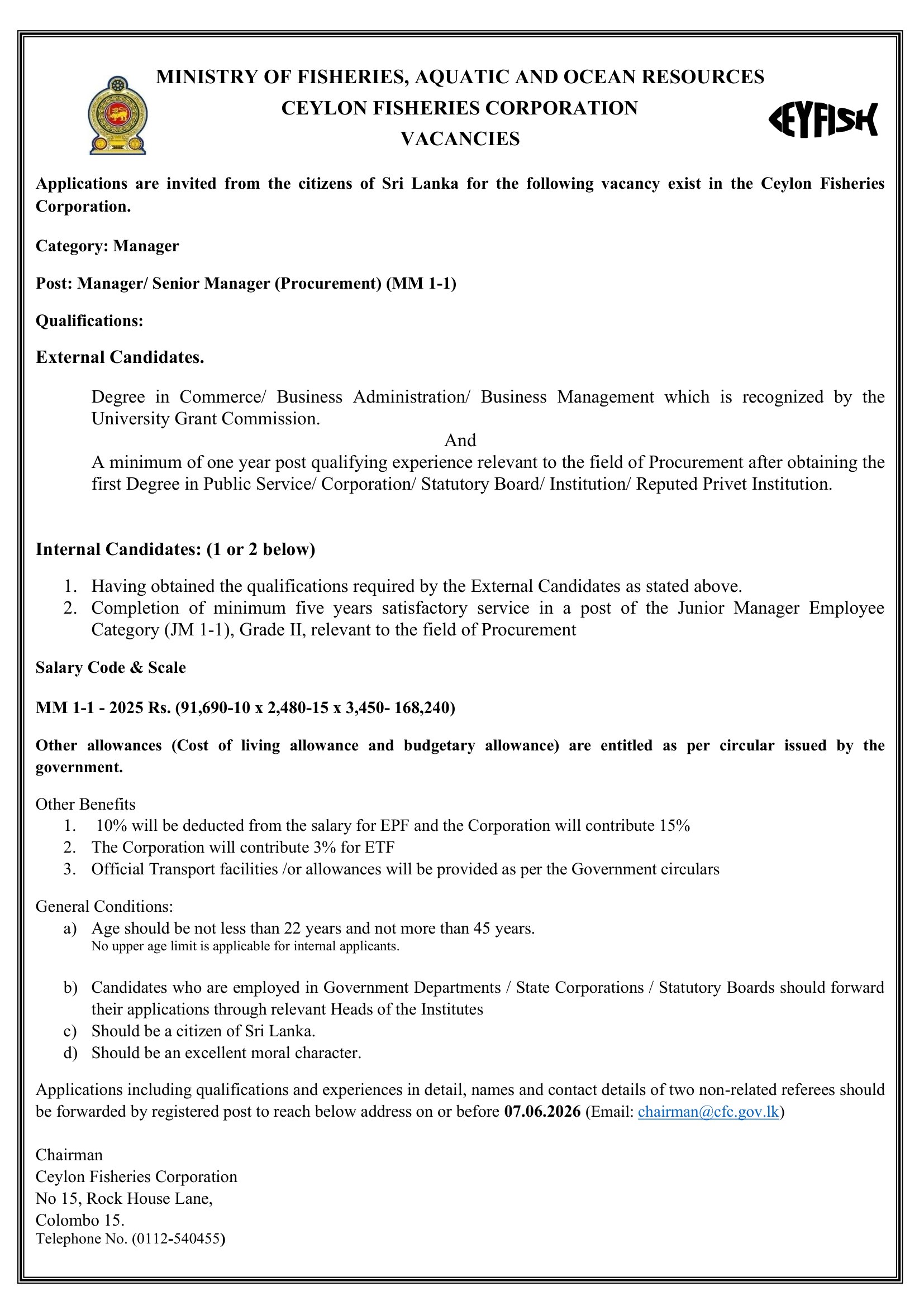 Deputy General Manager (Marketing), Manager/Senior Manager (Finance, Procurement) - Ceylon Fisheries Corporation