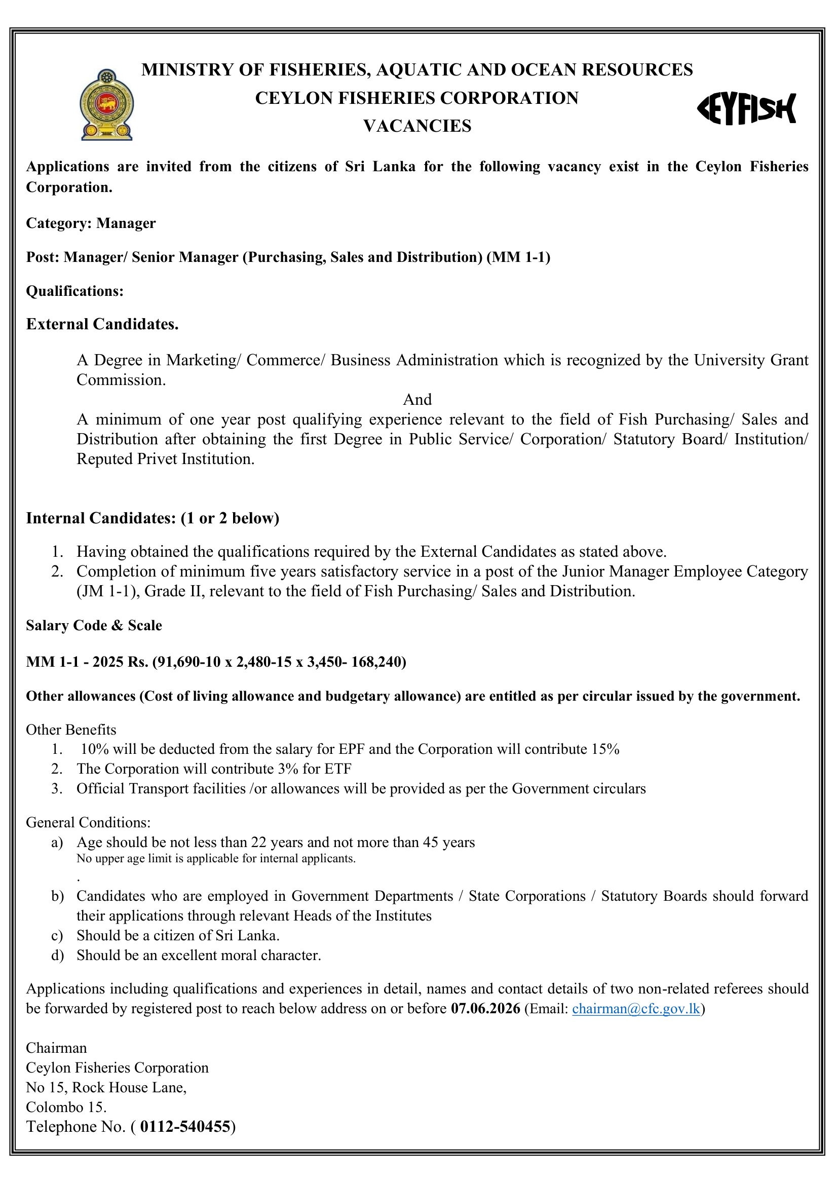 Manager/Senior Manager (Purchasing, Sales & Distribution, Quality Control), Regional Manager/Senior Regional Manager - Ceylon Fisheries Corporation