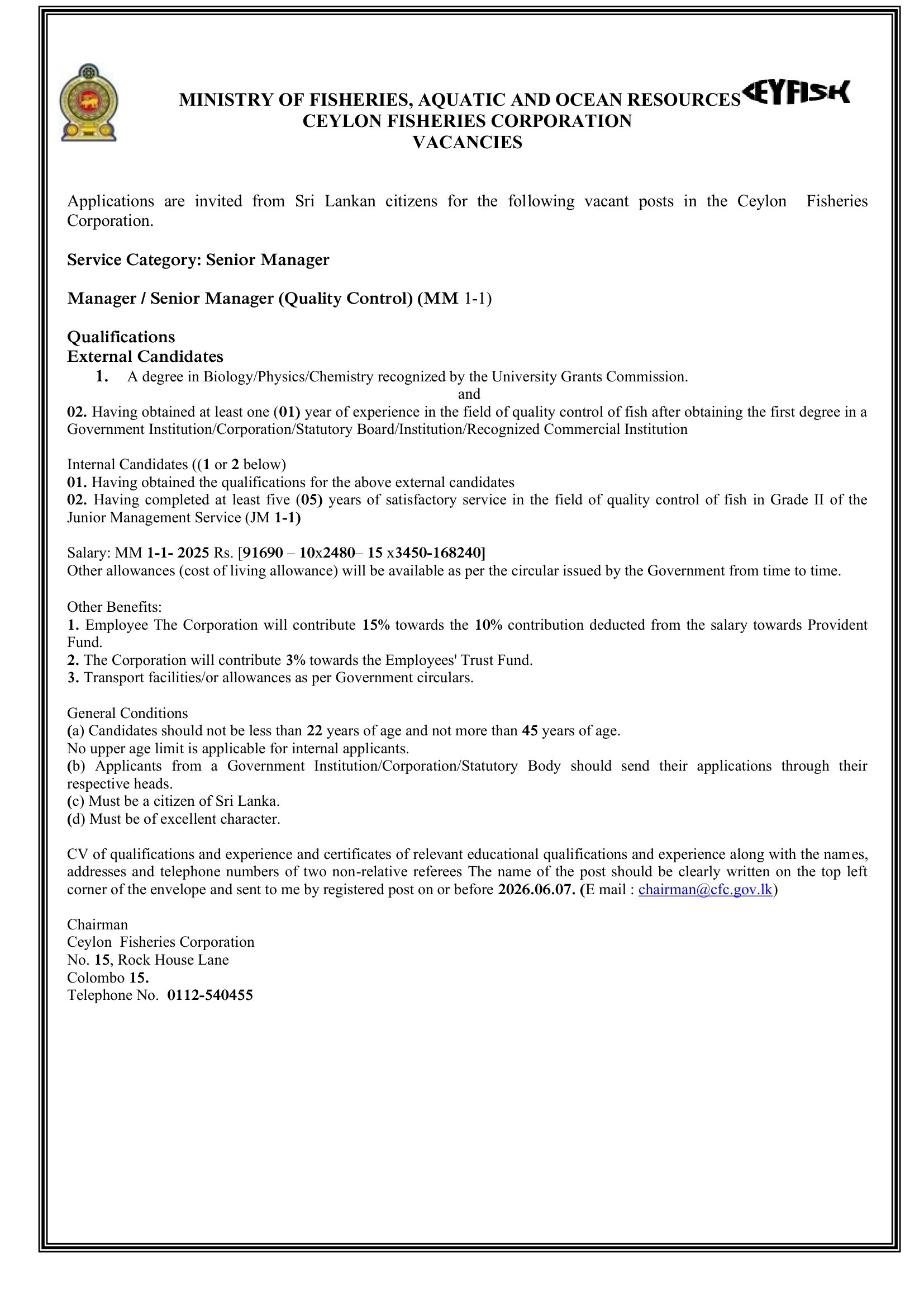 Manager/Senior Manager (Purchasing, Sales & Distribution, Quality Control), Regional Manager/Senior Regional Manager - Ceylon Fisheries Corporation