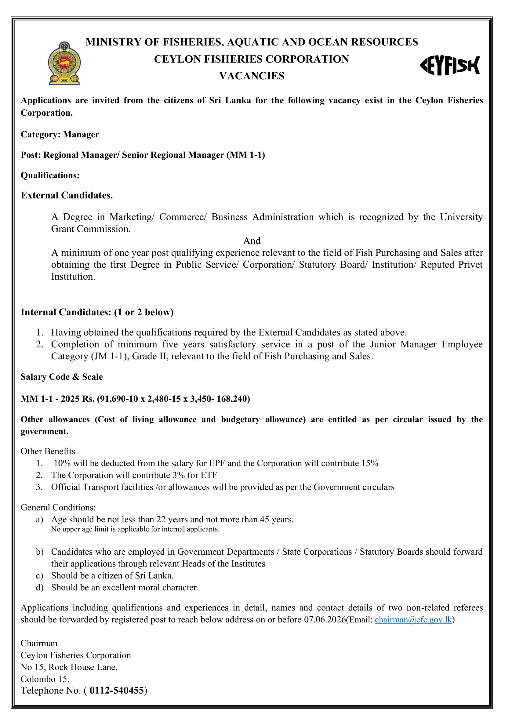 Manager/Senior Manager (Purchasing, Sales & Distribution, Quality Control), Regional Manager/Senior Regional Manager - Ceylon Fisheries Corporation