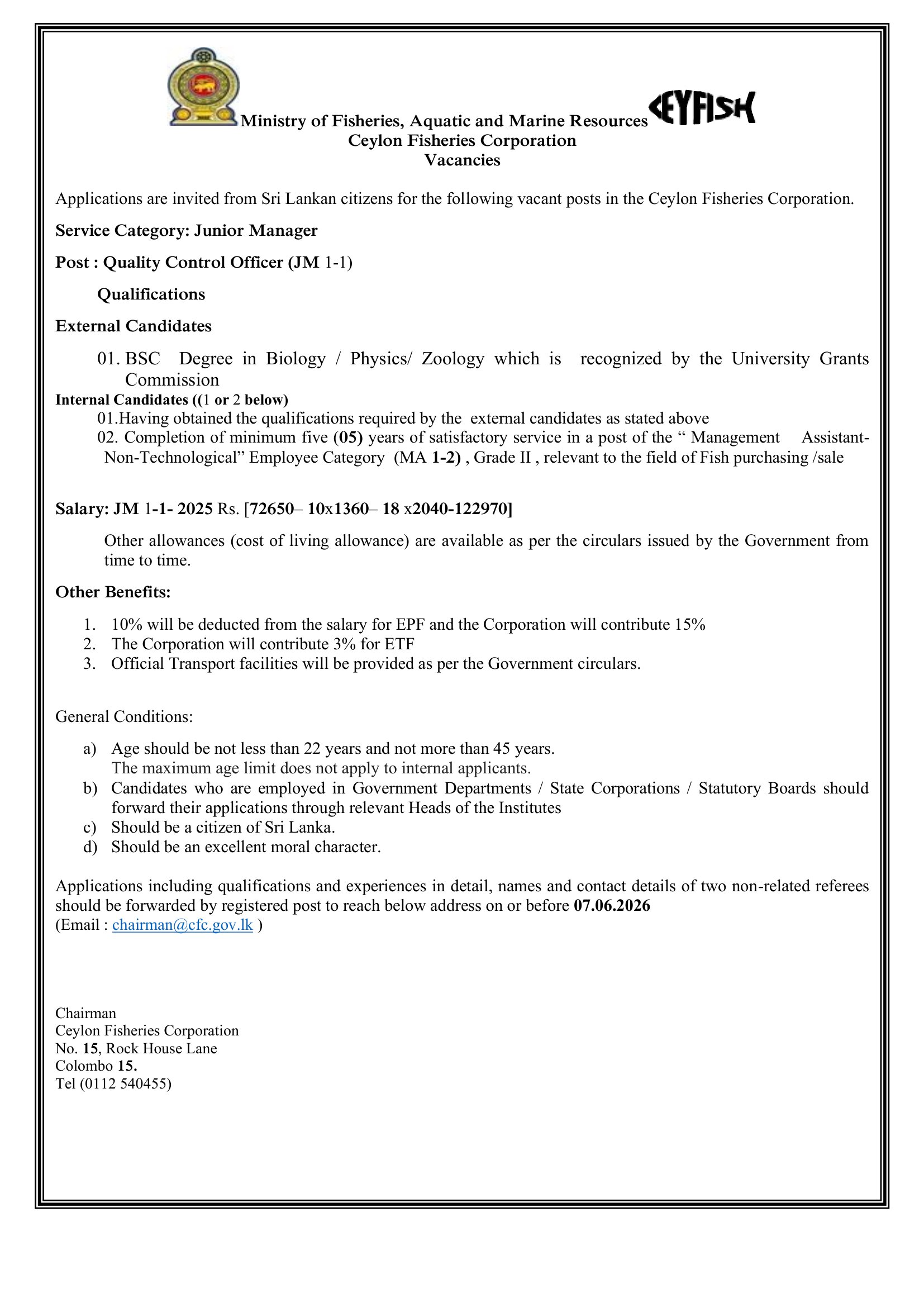 Management Assistant, Quality Control Officer - Ceylon Fisheries Corporation