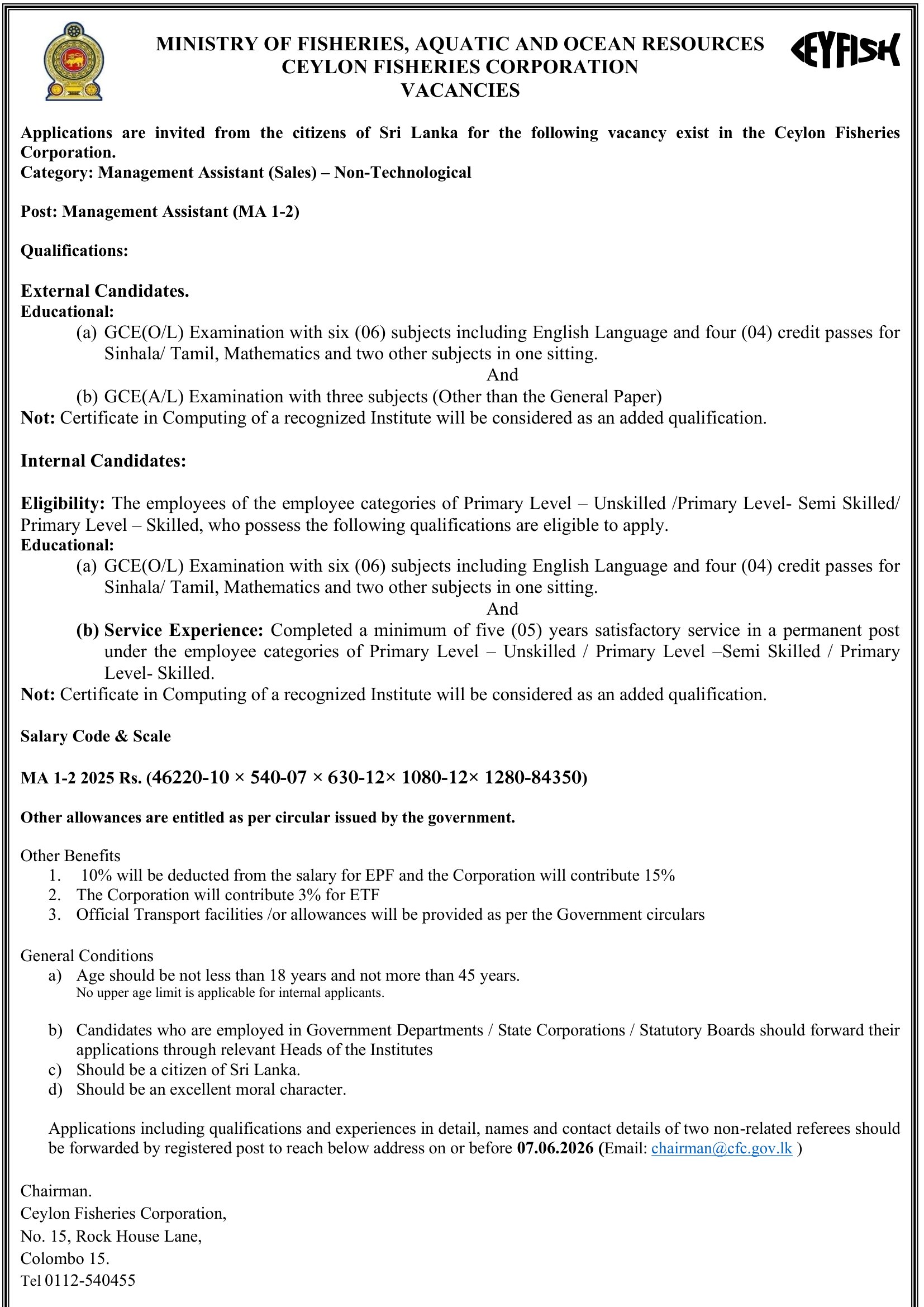 Management Assistant, Quality Control Officer - Ceylon Fisheries Corporation