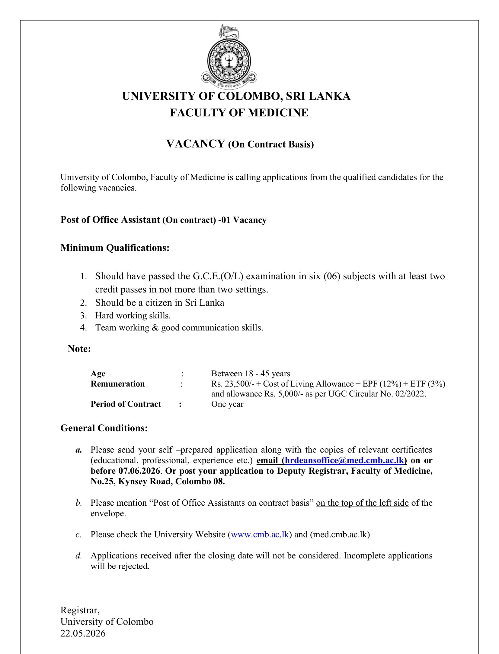 Office Assistant - University of Colombo