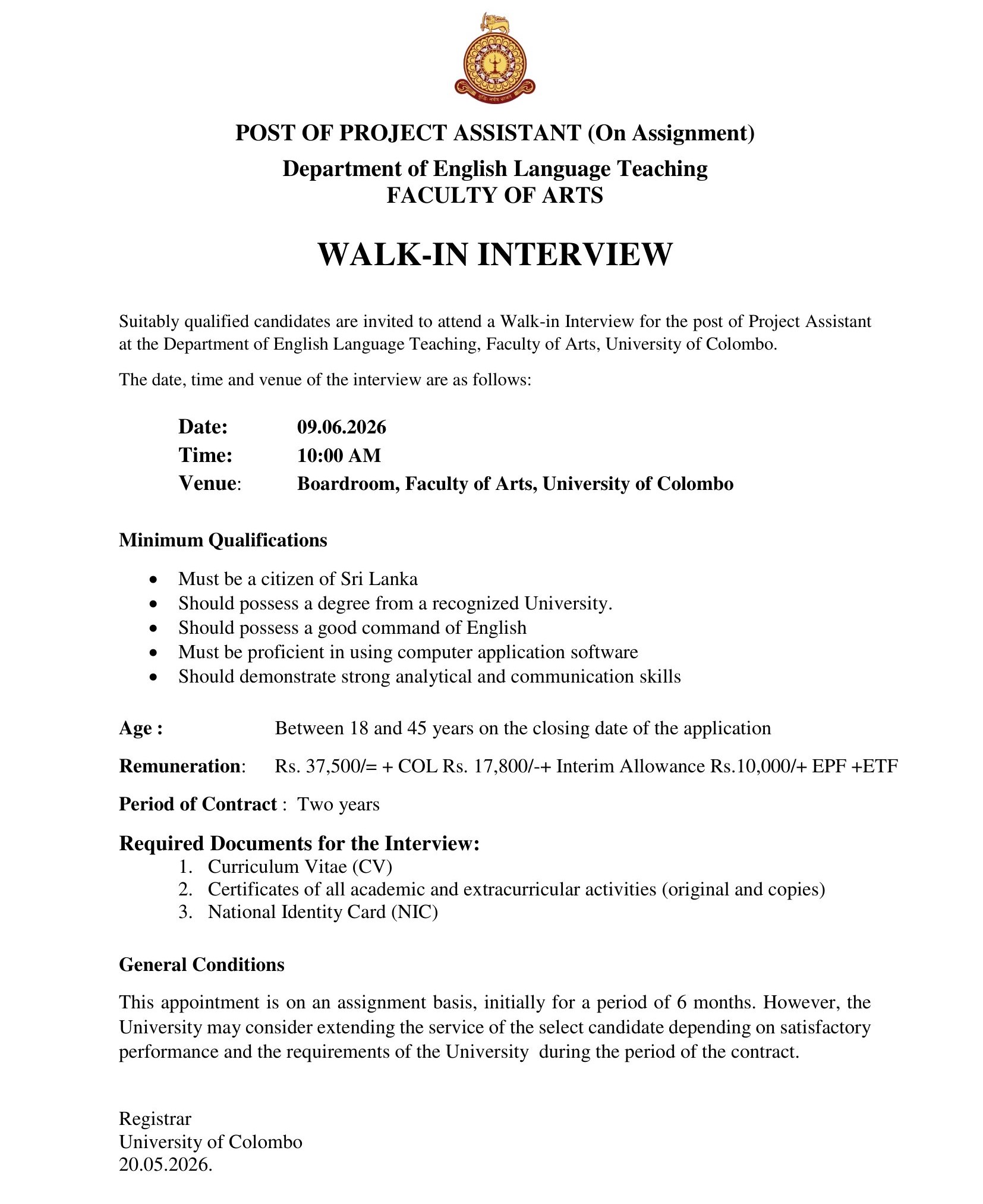 Project Assistant - University of Colombo