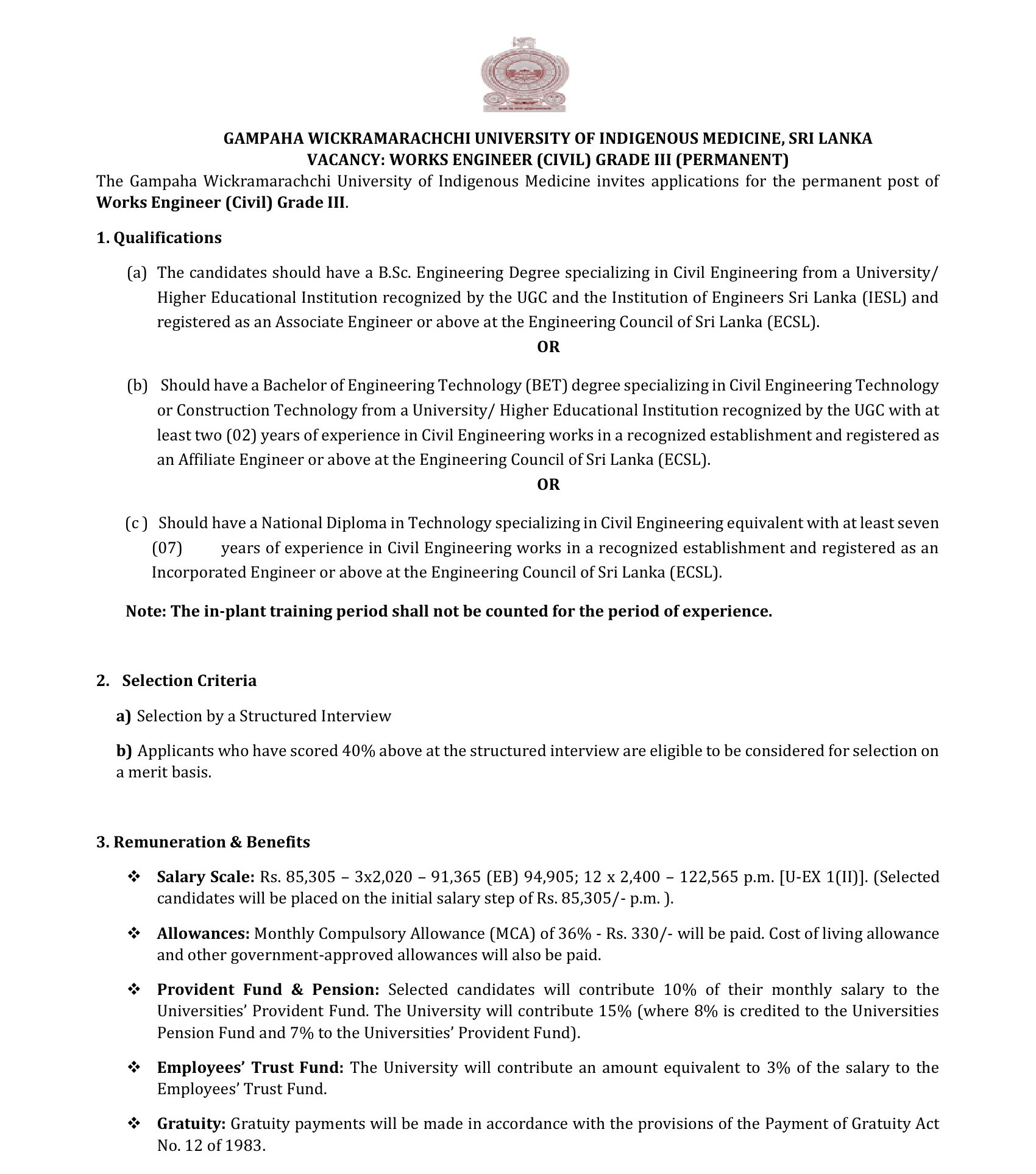 Works Engineer (Civil) - Gampaha Wickramarachchi University of Indigenous Medicine