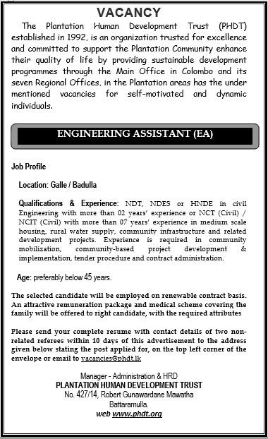 Engineering Assistant, Accounts Executive, Project Officer - Plantation Human Development Trust