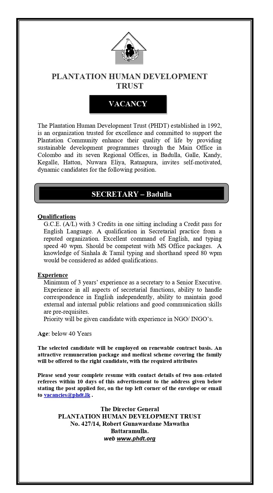 Secretary - Plantation Human Development Trust