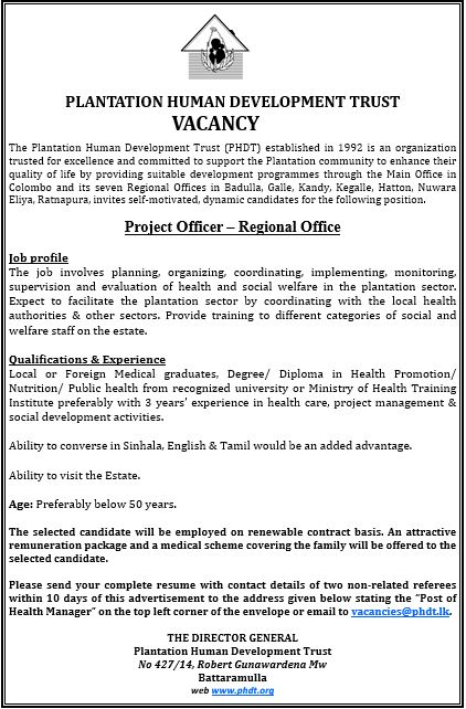 Engineering Assistant, Accounts Executive, Project Officer - Plantation Human Development Trust