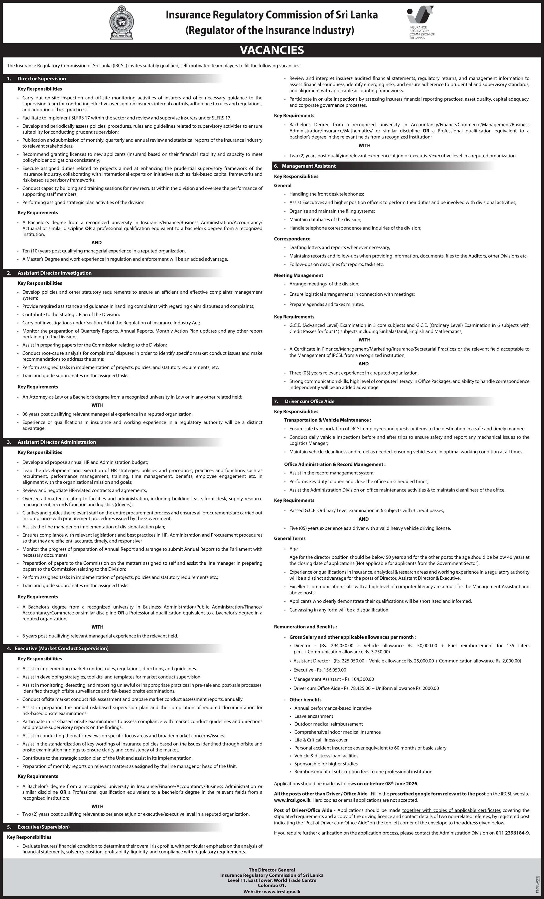 Management Assistant, Director, Assistant Director, Executive, Driver/Office Aide - Insurance Regulatory Commission of Sri Lanka
