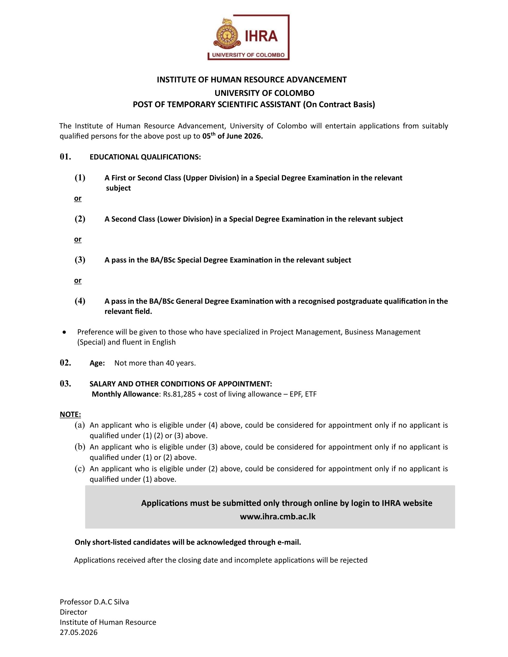 Scientific Assistant - Institute of Human Resource Advancement - University of Colombo