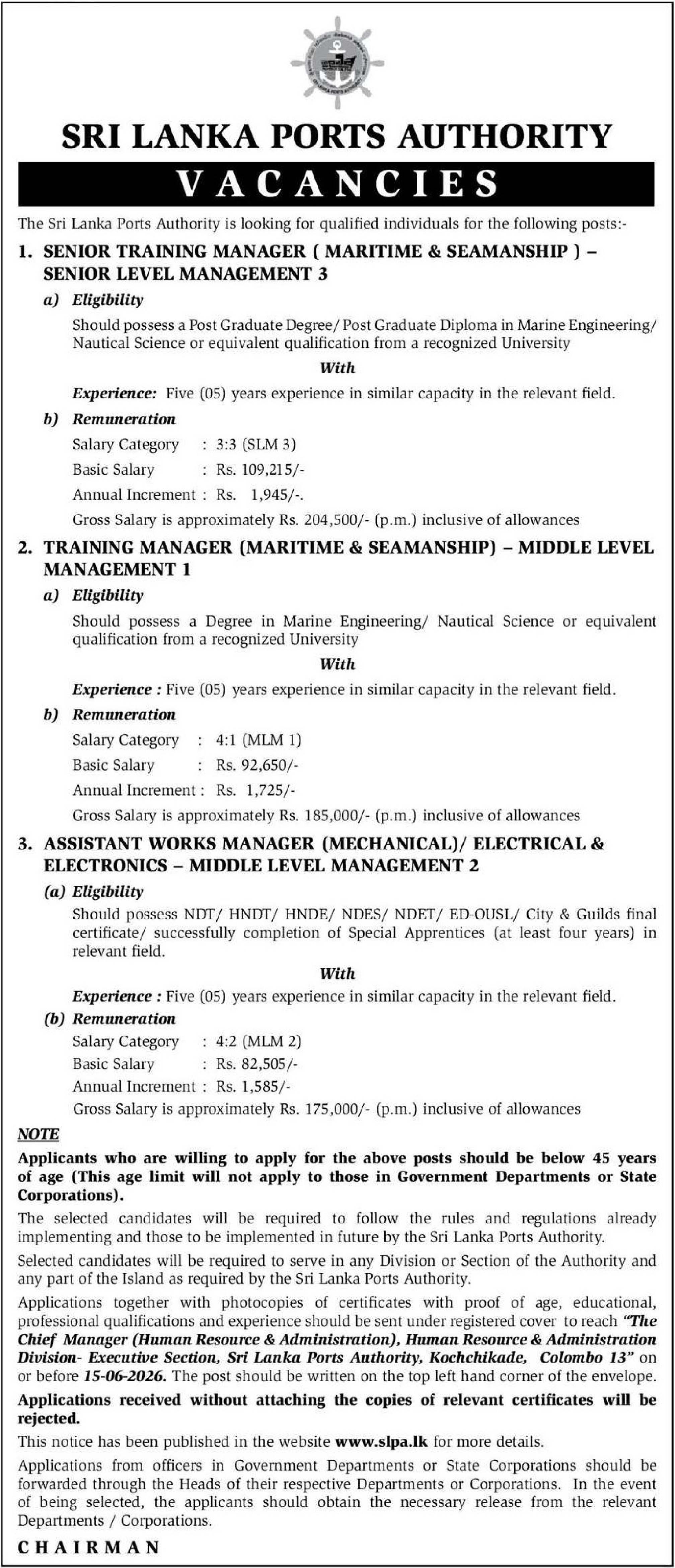 Senior Training Manager, Training Manager, Assistant Works Manager - Sri Lanka Ports Authority