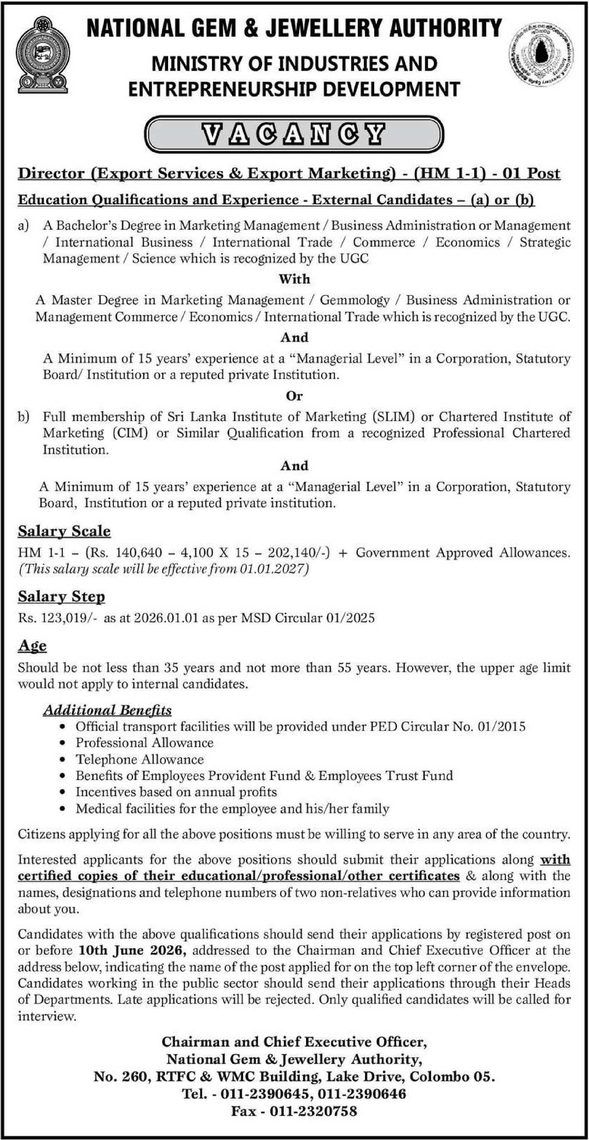 Director (Export Services & Export Marketing) - National Gem & Jewellery Authority
