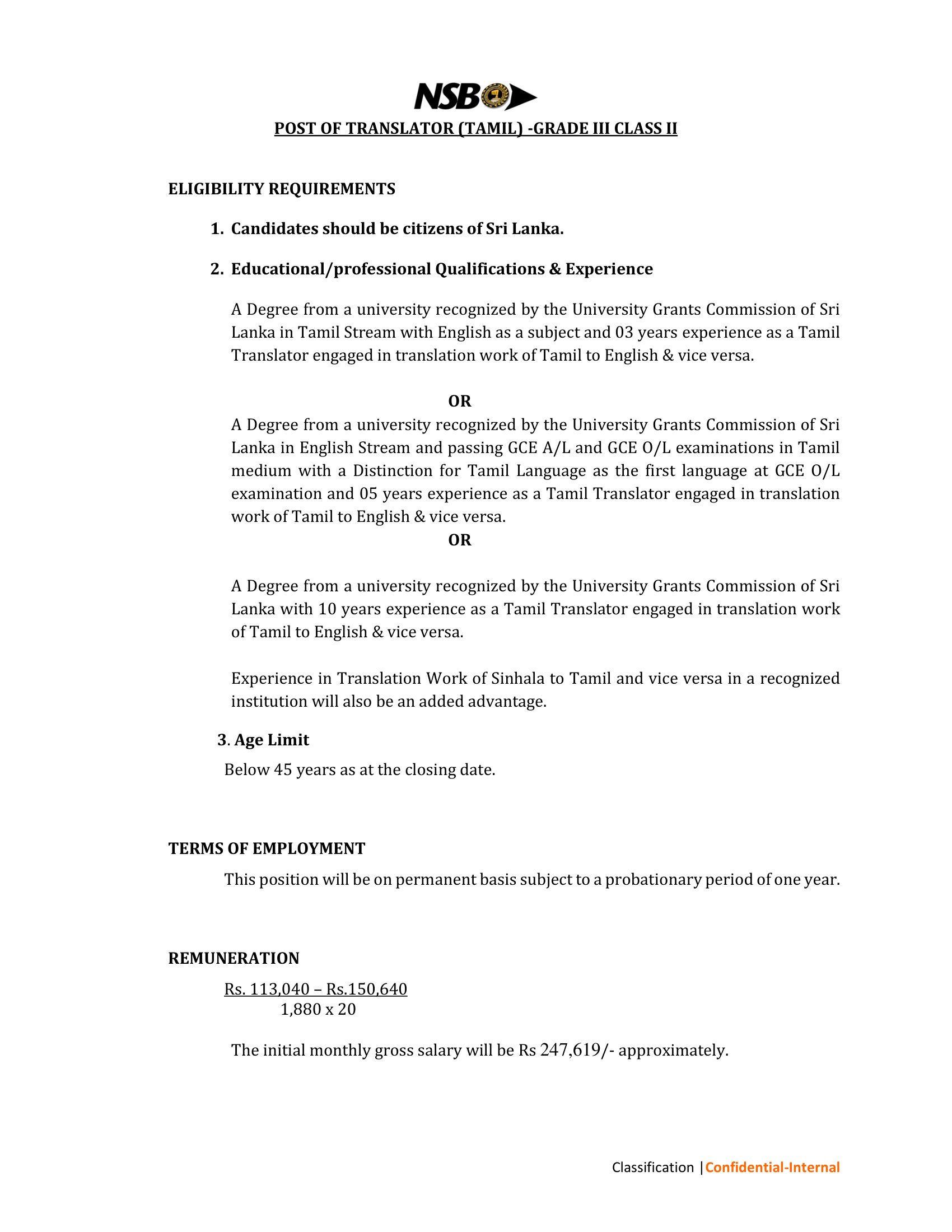 Translator (Tamil) - National Savings Bank
