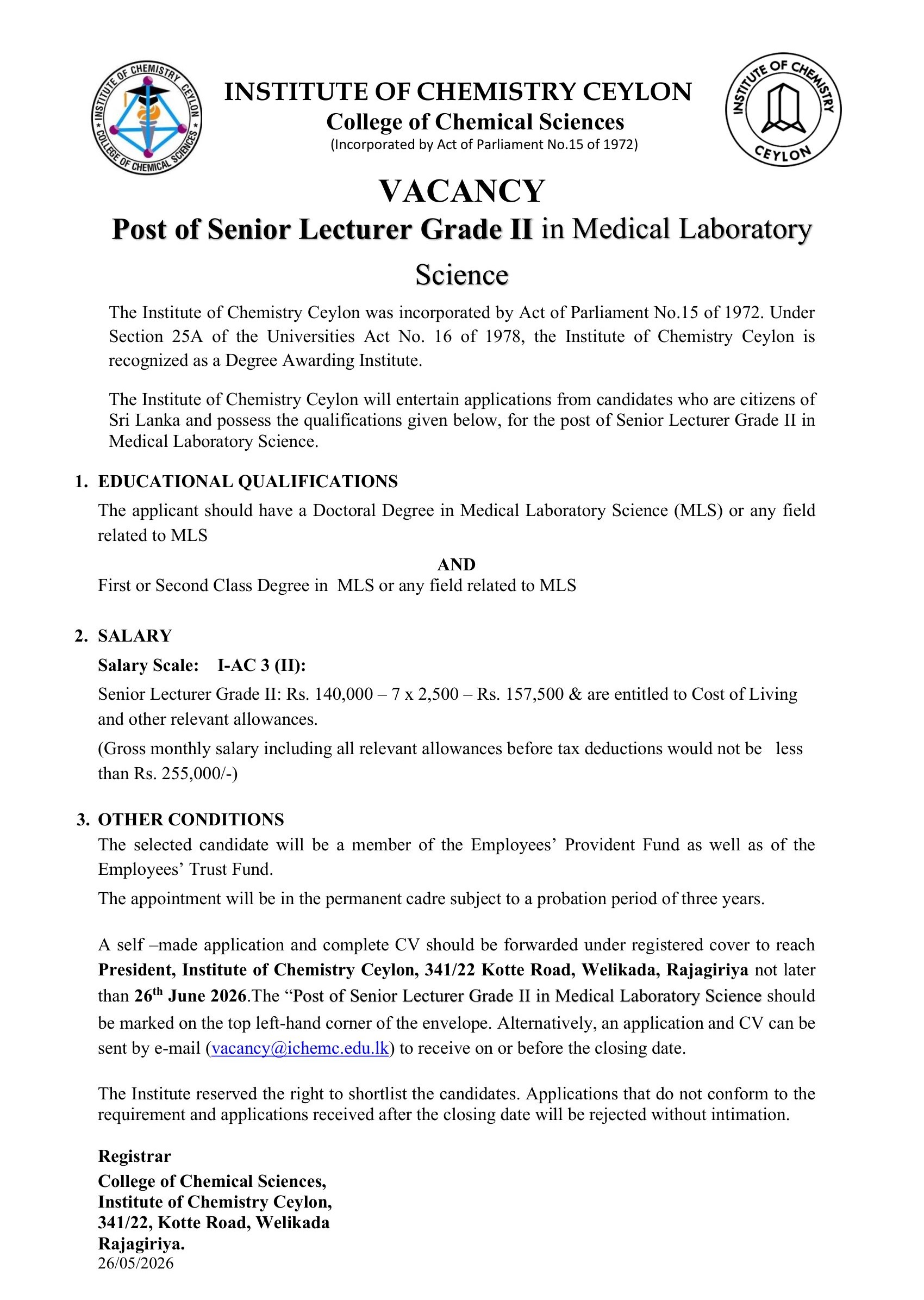 Senior Lecturer - Institute of Chemistry Ceylon