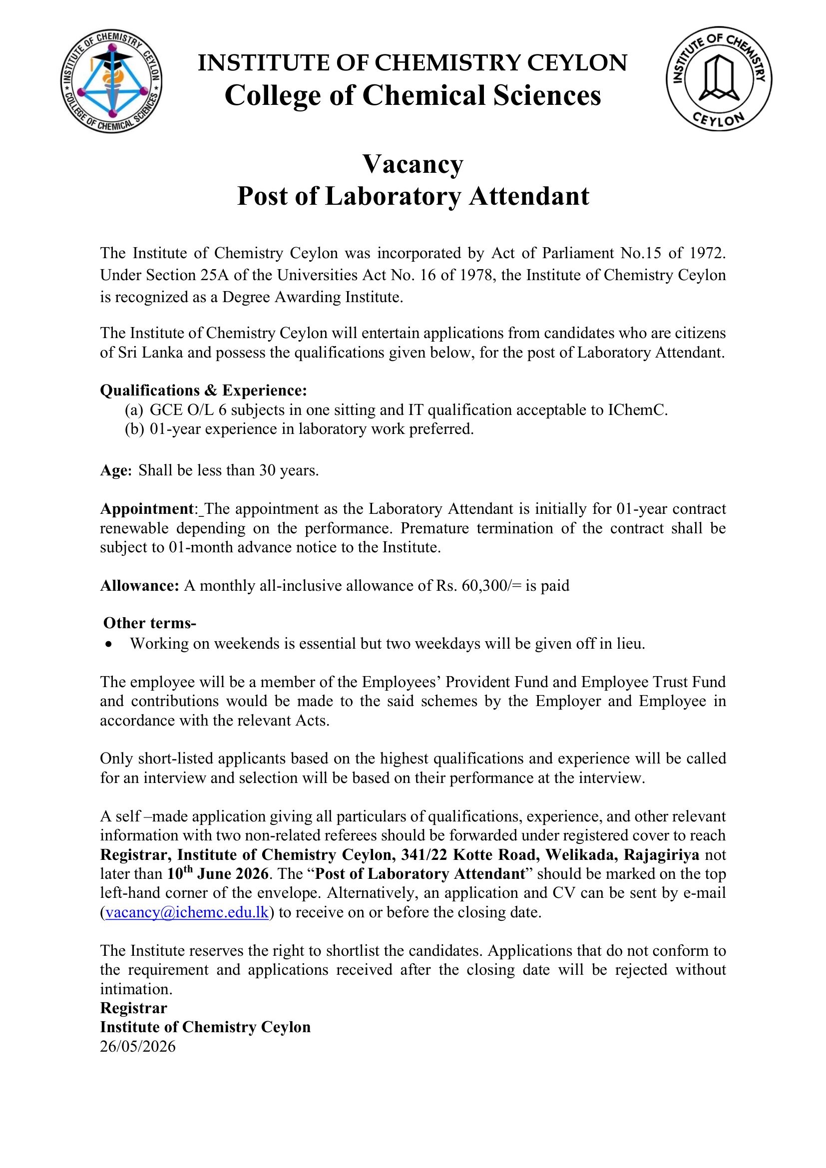 Laboratory Attendant - Institute of Chemistry Ceylon