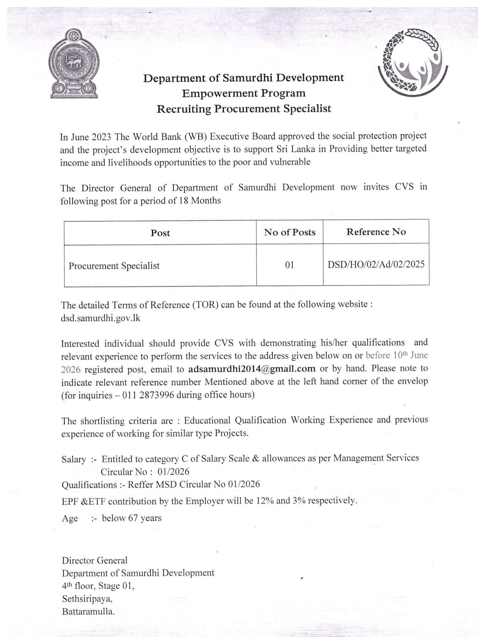 Procurement Specialist - Department of Samurdhi Development