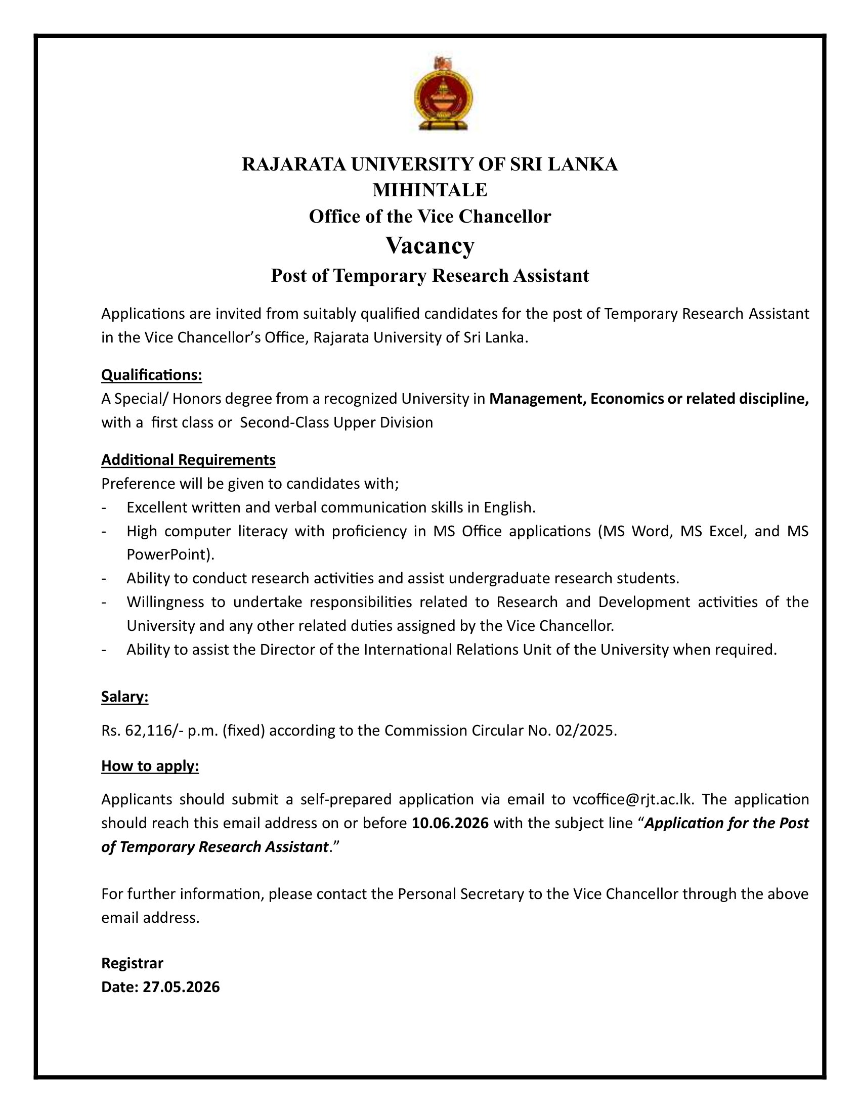 Temporary Research Assistant - Rajarata University of Sri Lanka