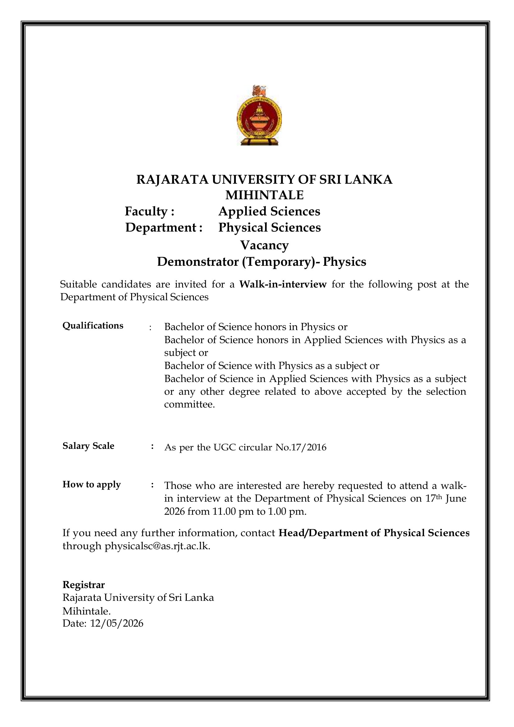 Demonstrator - Rajarata University of Sri Lanka