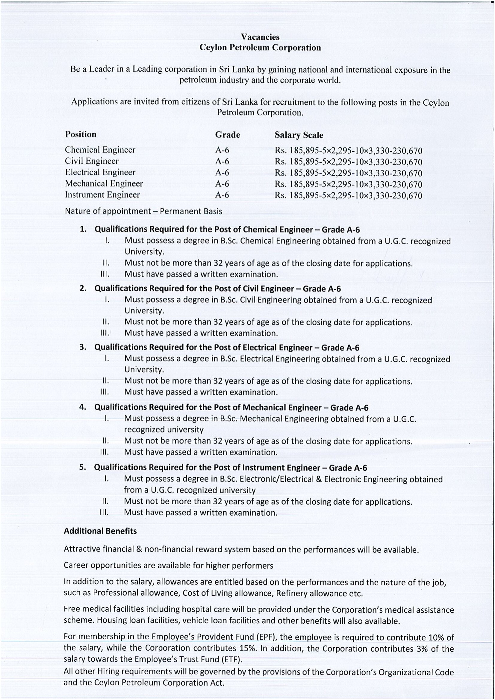 Chemical Engineer, Civil Engineer, Electrical Engineer, Mechanical Engineer, Instrument Engineer - Ceylon Petroleum Corporation