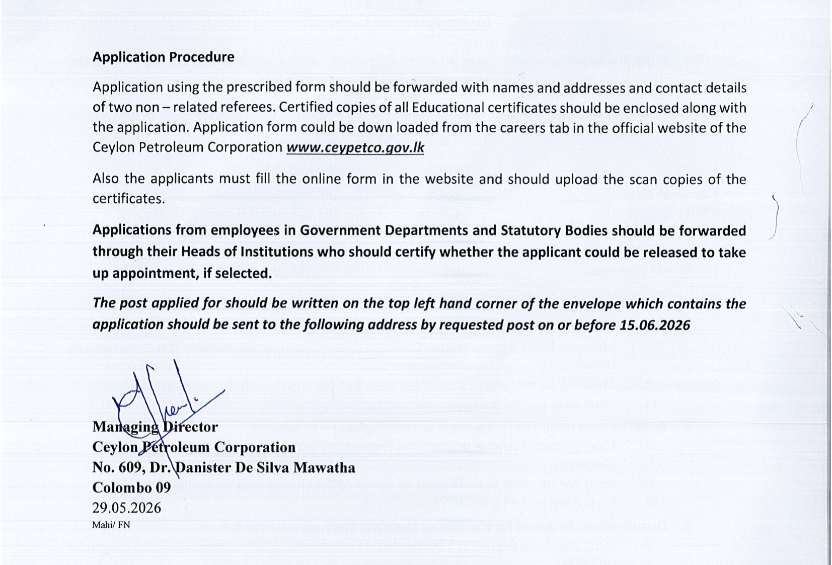 Chemical Engineer, Civil Engineer, Electrical Engineer, Mechanical Engineer, Instrument Engineer - Ceylon Petroleum Corporation