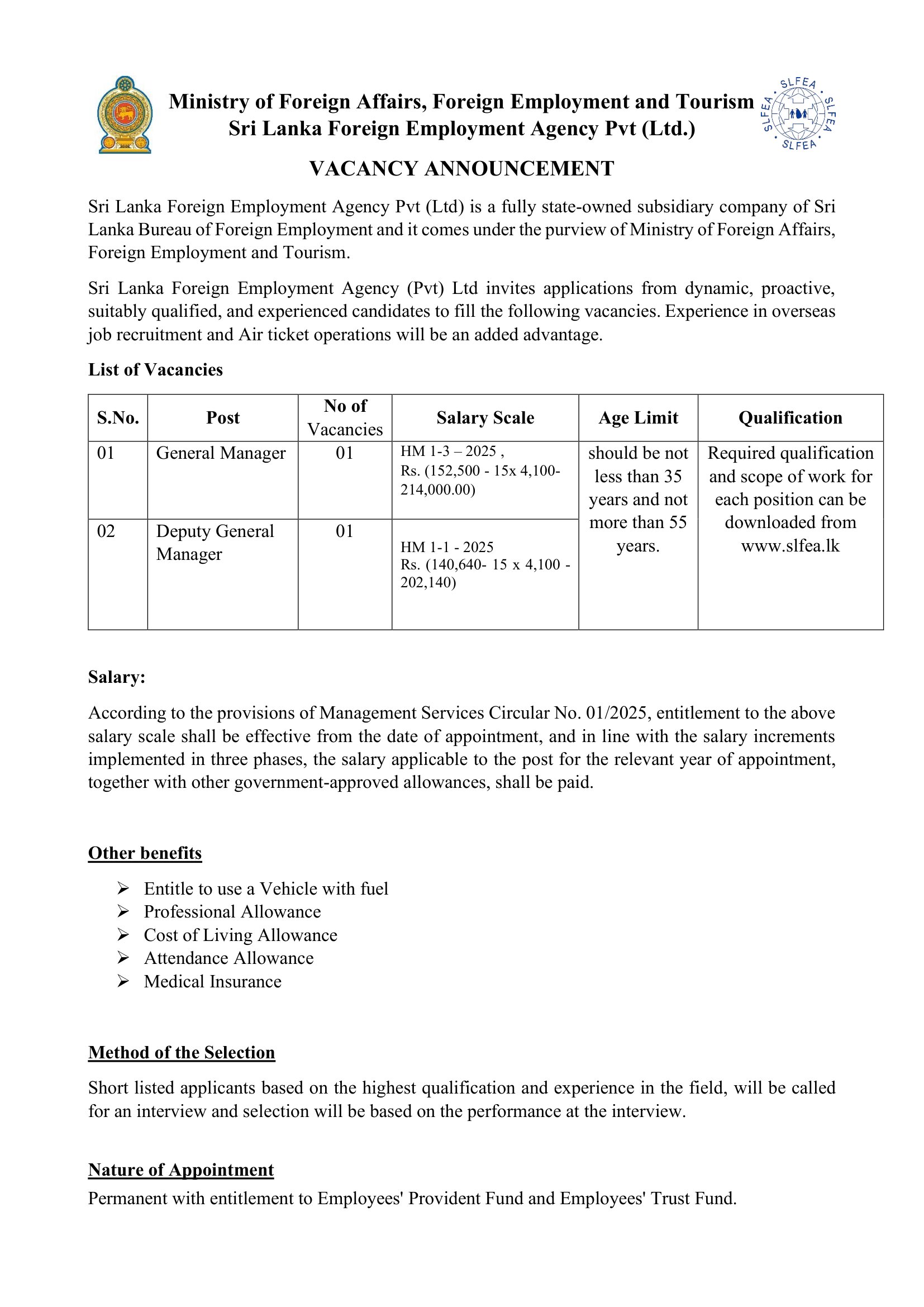 General Manager, Deputy General Manager - Sri Lanka Foreign Employment Agency (Pvt) Ltd